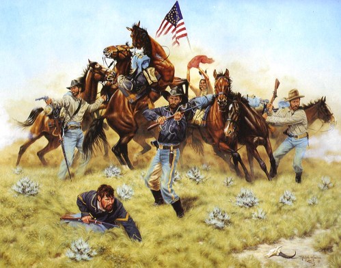 A soldier of Custer's regiment uses his Springfield carbine as a club. Source of this painting is not known.