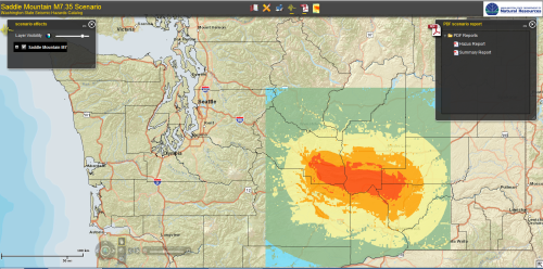 A hypothetical magnitude 7.35 earthquake strikes the Saddle Mountain fault. This is a screenshot of the DNR scenario. The accompanying report describes the potential effects on the region's people, property and economy.